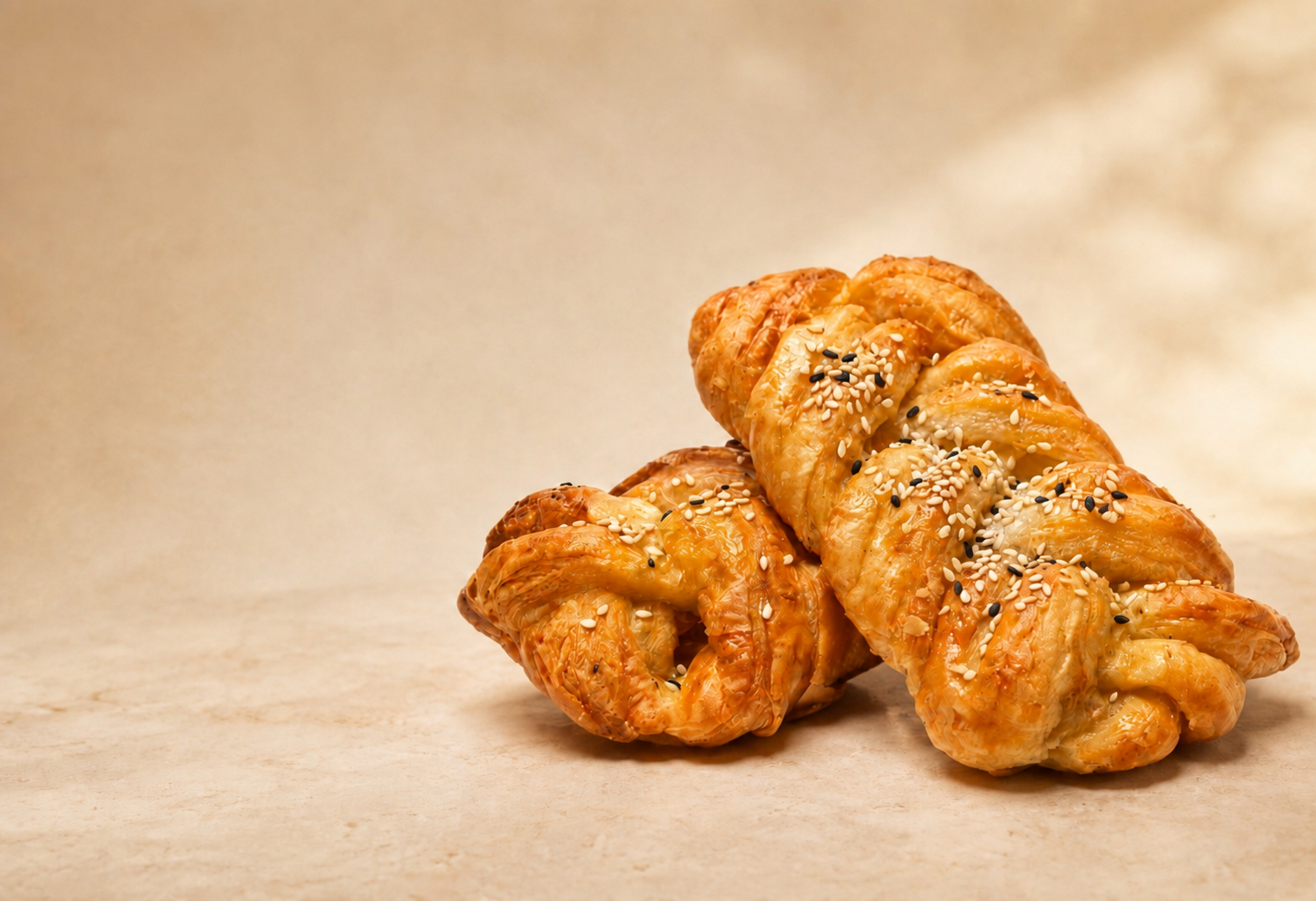 Two golden, flaky Beckova baked pastries topped with white and black sesame seeds on a warm cream surface