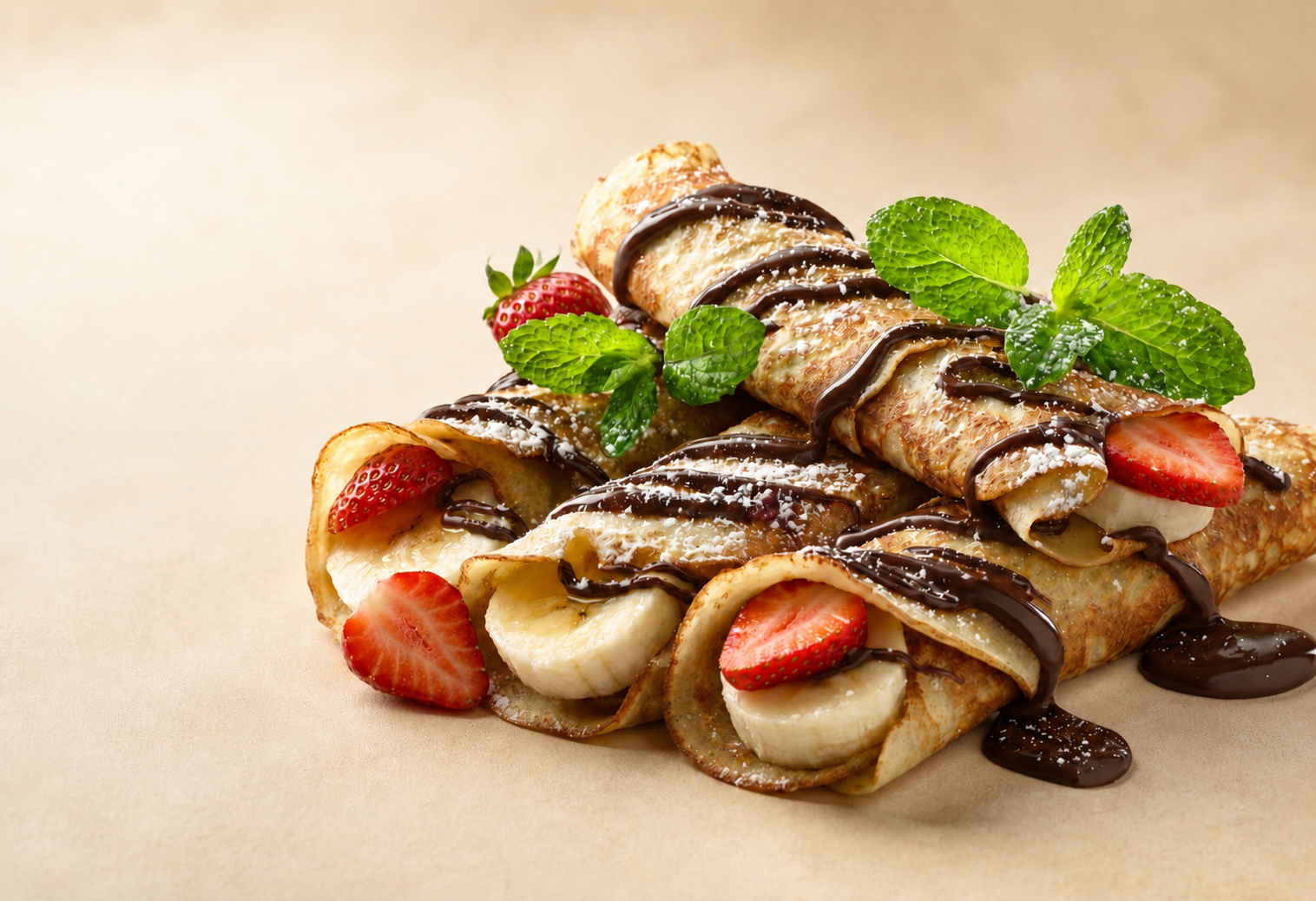 Sweet Beckova crêpes rolled with banana and strawberry, drizzled with chocolate and dusted with powdered sugar