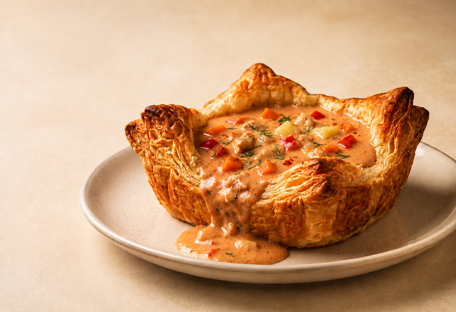 Beckova Carpathian creamy chicken soup with potatoes and vegetables served inside a flaky pastry bowl
