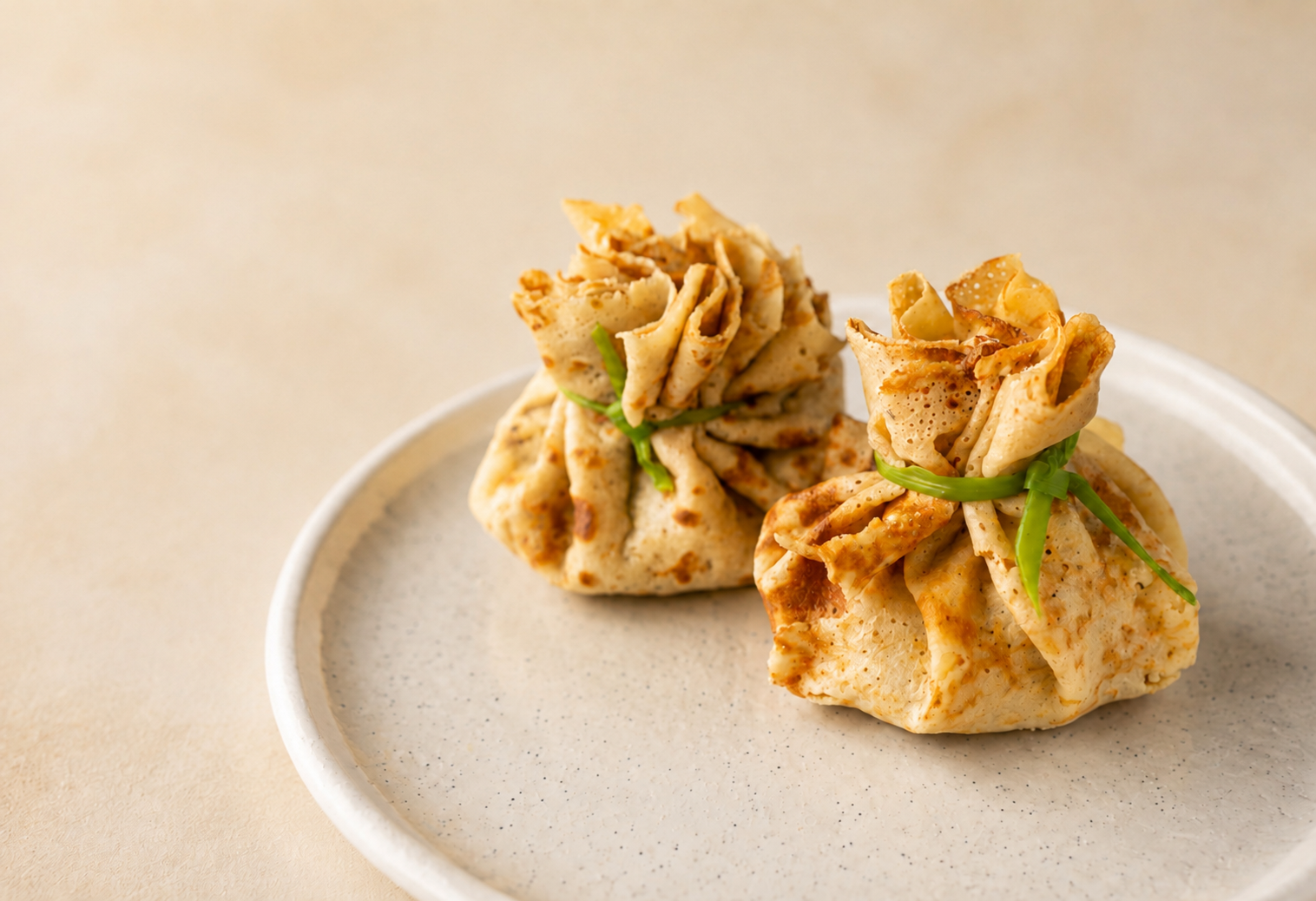 Two savory Beckova crêpe purses tied with green onion, served on a speckled ceramic plate