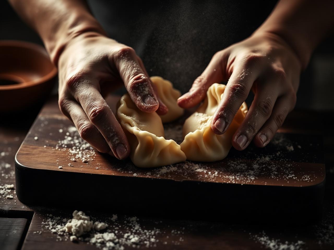 Hands folding dumpling dough